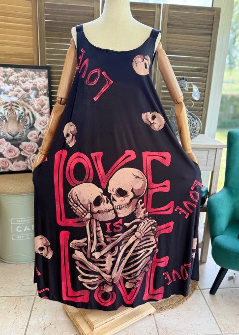 Robe trapèze longue à bretelles noire Skulls Skeleton in Love du 40 au au 52/54 