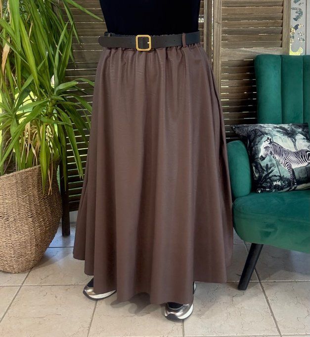 Jupe ample longue simili-cuir chocolat + ceinture simili-cuir cuir assortie du 42 au 52/54
