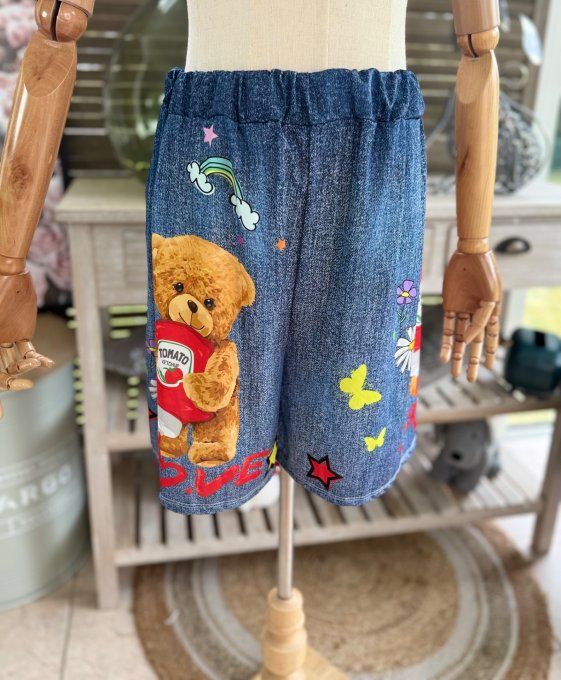 Ensemble short + top effet jeans délavé Teddy Bear Gourmand du 38 au 50/52