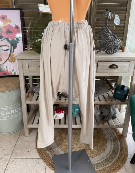 pantalon sarouel beige pan asymétrique boucles argentées confort ++++ du 38 au 50