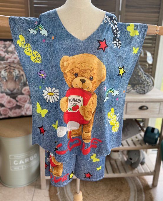 Ensemble short + top effet jeans délavé Teddy Bear Gourmand du 38 au 50/52