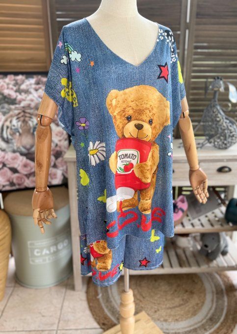 Ensemble short + top effet jeans délavé Teddy Bear Gourmand du 38 au 50/52