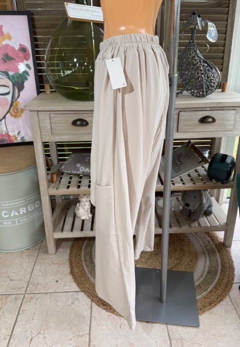 pantalon sarouel beige pan asymétrique boucles argentées confort ++++ du 38 au 50