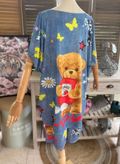 Ensemble short + top effet jeans délavé Teddy Bear Gourmand du 38 au 50/52