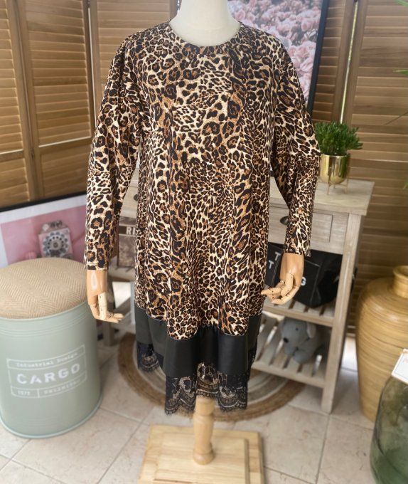Robe Trapèze Léopard camel simili-cuir et dentelle du 36 au 46