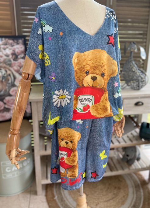 Ensemble short + top effet jeans délavé Teddy Bear Gourmand du 38 au 50/52