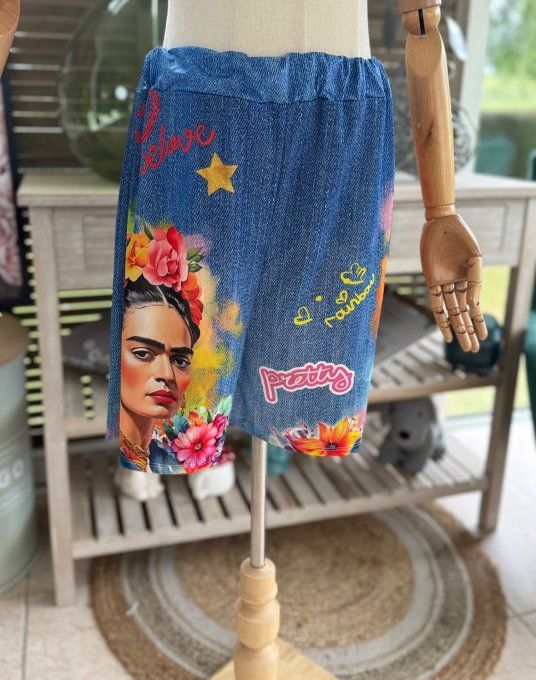Ensemble short + top effet jeans délavé Viva Frida Kahlo du 38 au 50/52