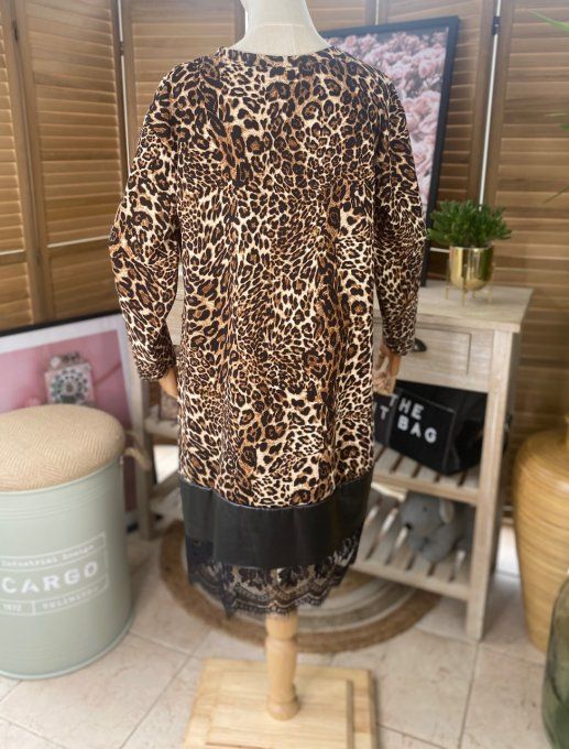 Robe Trapèze Léopard camel simili-cuir et dentelle du 36 au 46
