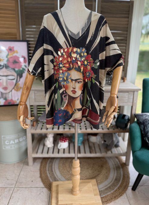Top lurex zébré noir beige pailleté doré Frida Kahlo du 40 au 52/54