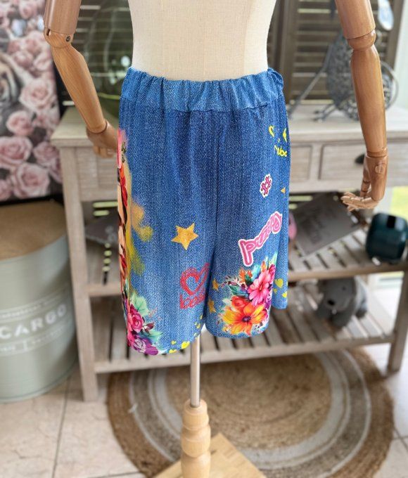 Ensemble short + top effet jeans délavé Viva Frida Kahlo du 38 au 50/52