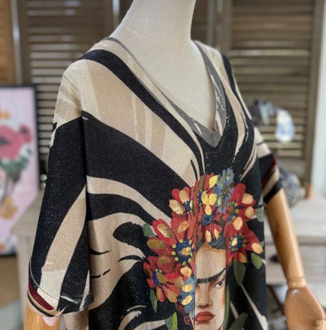 Top lurex zébré noir beige pailleté doré Frida Kahlo du 40 au 52/54