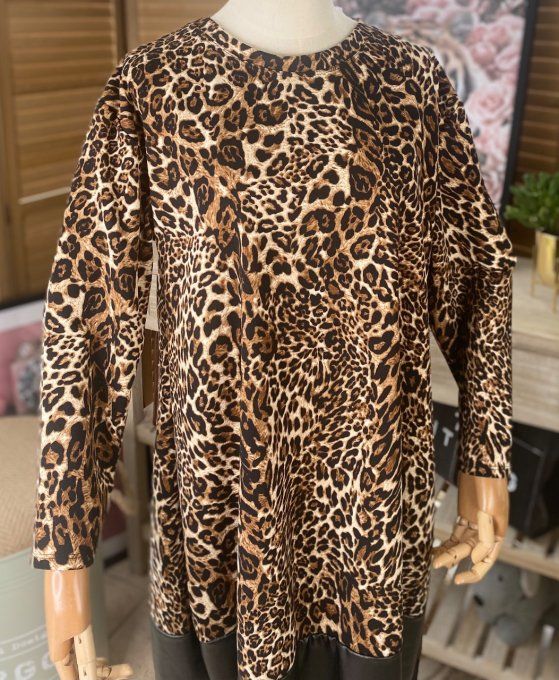 Robe Trapèze Léopard camel simili-cuir et dentelle du 36 au 46