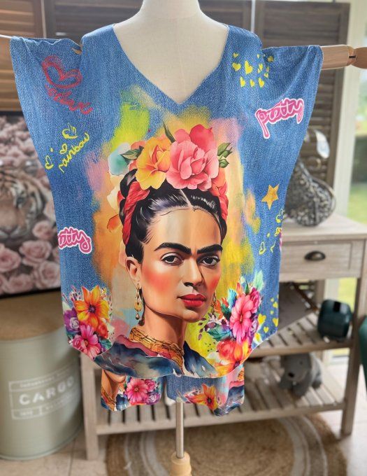 Ensemble short + top effet jeans délavé Viva Frida Kahlo du 38 au 50/52