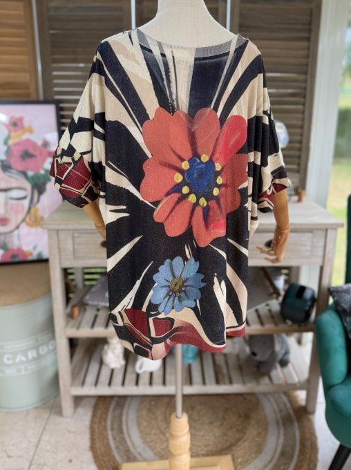 Top lurex zébré noir beige pailleté doré Frida Kahlo du 40 au 52/54