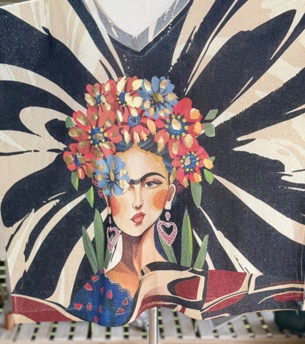 Top lurex zébré noir beige pailleté doré Frida Kahlo du 40 au 52/54
