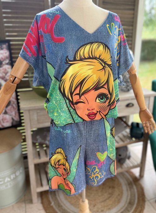 Ensemble short + top effet jeans délavé La Fée Clochette du 38 au 50/52