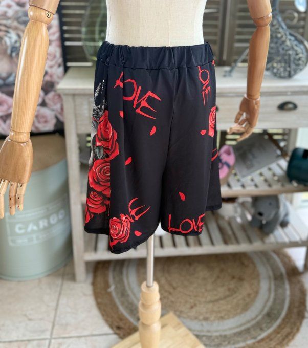 Ensemble short + top noir Skulls & Red Roses du 38 au 50/52