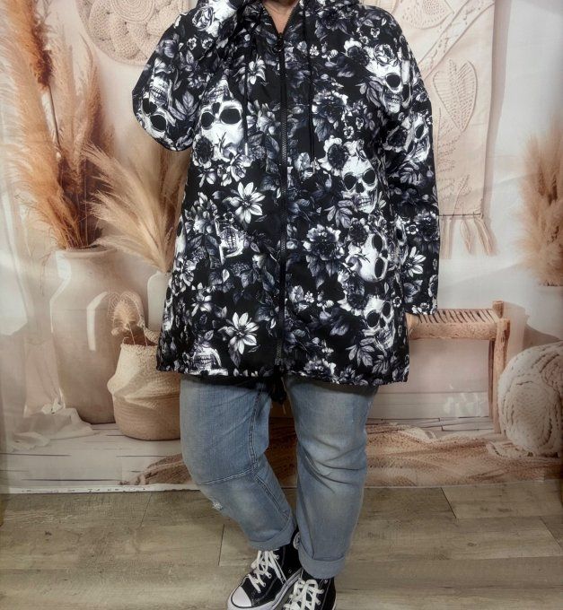 Coupe-vent à capuche déperlant noir Mexican Skulls & Flowers du 38 au 48 et même +