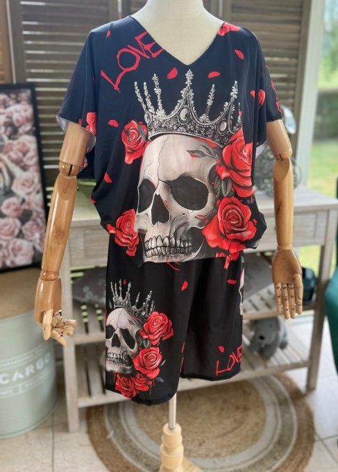 Ensemble short + top noir Skulls & Red Roses du 38 au 50/52
