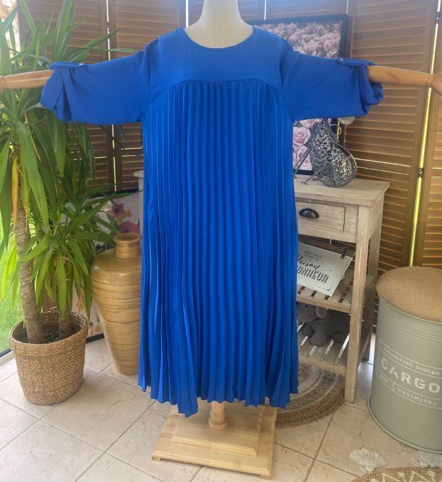 Robe ample longue plissée bleu royal manches longues ajustables du 40 au 52 