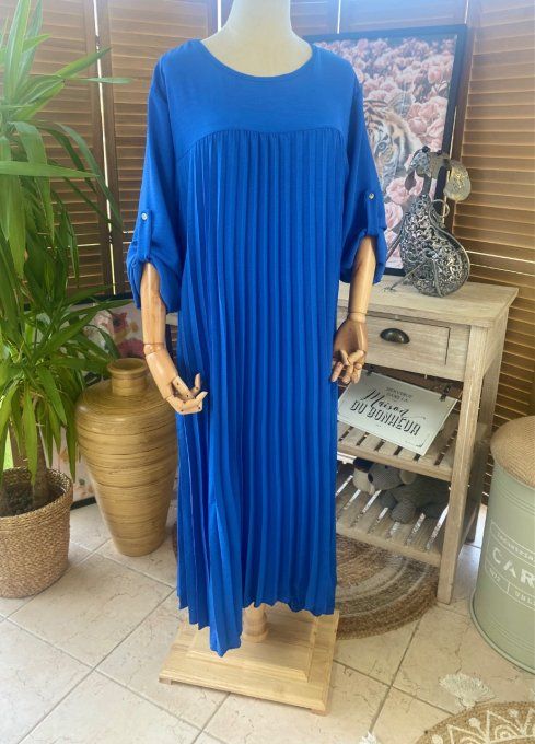 Robe ample longue plissée bleu royal manches longues ajustables du 40 au 52 