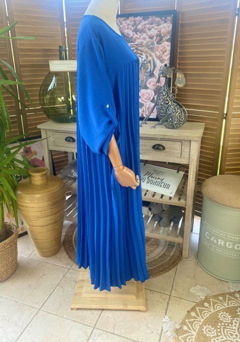 Robe ample longue plissée bleu royal manches longues ajustables du 40 au 52 