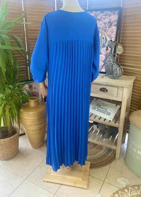 Robe ample longue plissée bleu royal manches longues ajustables du 40 au 52 
