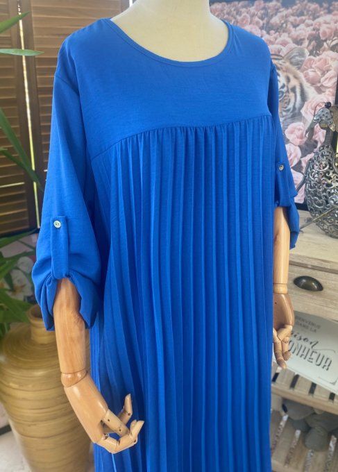 Robe ample longue plissée bleu royal manches longues ajustables du 40 au 52 