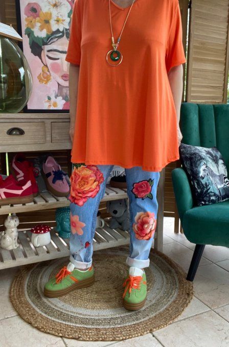 Top trapèze manches courtes orange + collier du 42 au 52/54 