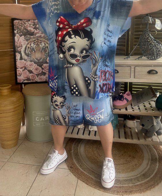 Ensemble short + top effet jeans délavé Betty Boop du 38 au 50/52