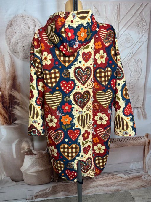 Coupe-vent à capuche déperlant Hippie Chic Coeurs Patchwork du 38 au 48 et même +  