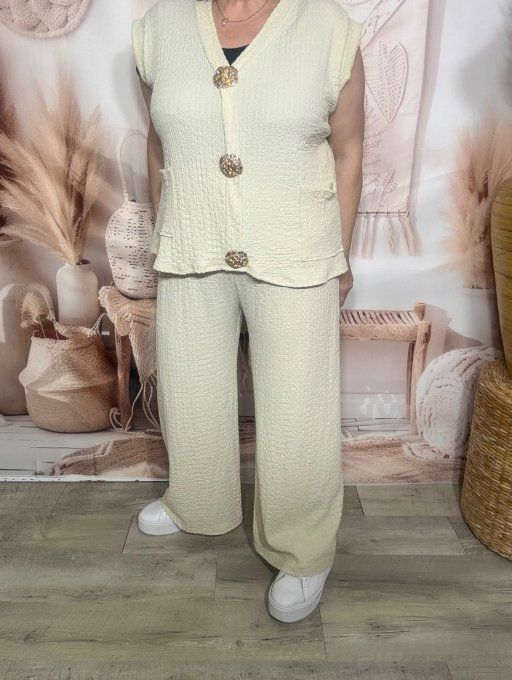 Ensemble gaufré crème pantalon large + Top court sans manches + broches dorées du 40 au 50/52