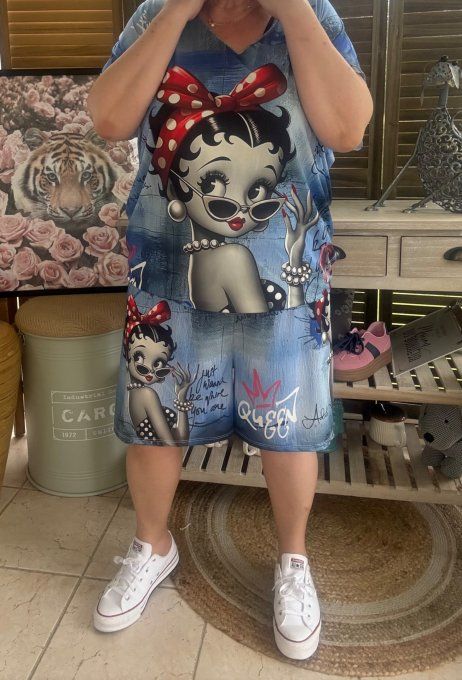 Ensemble short + top effet jeans délavé Betty Boop du 38 au 50/52