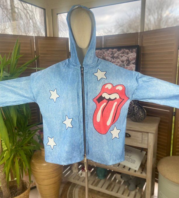 Coupe-vent à capuche déperlant  effet jeans délavé Rolling Stones Stars du 38 au 48/50 et même + 