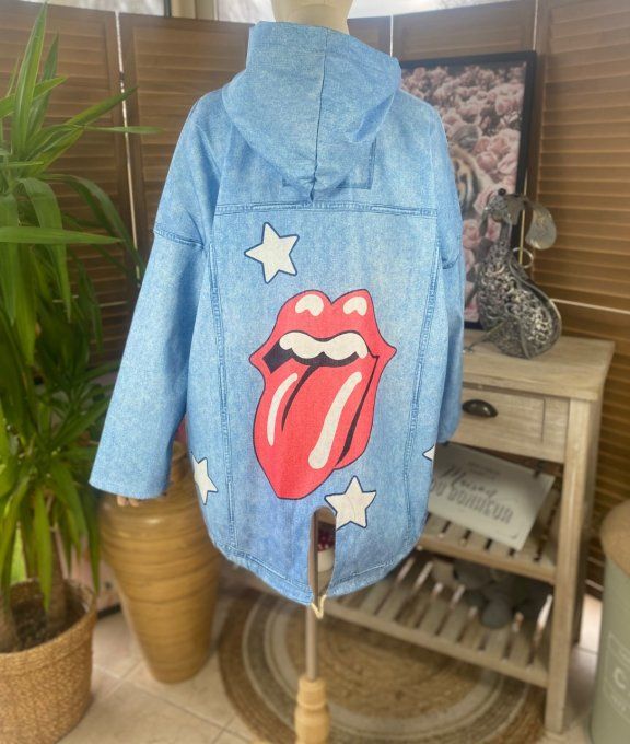 Coupe-vent à capuche déperlant  effet jeans délavé Rolling Stones Stars du 38 au 48/50 et même + 