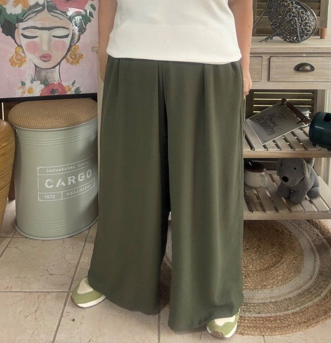 pantalon Palazzo kaki viscose ceinture ajustable confort ++++ du 38 au 52 