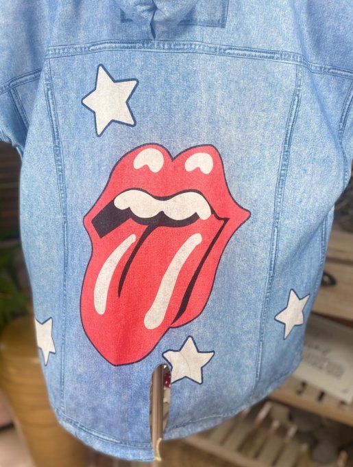 Coupe-vent à capuche déperlant  effet jeans délavé Rolling Stones Stars du 38 au 48/50 et même + 