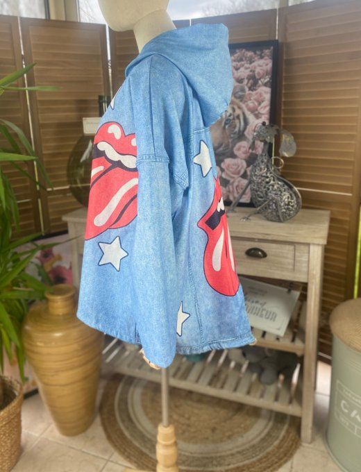 Coupe-vent à capuche déperlant  effet jeans délavé Rolling Stones Stars du 38 au 48/50 et même + 