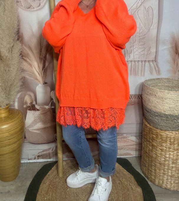 pull long ample orange vif col V et dentelle assortie douceur +++ du 40 au 52/54 