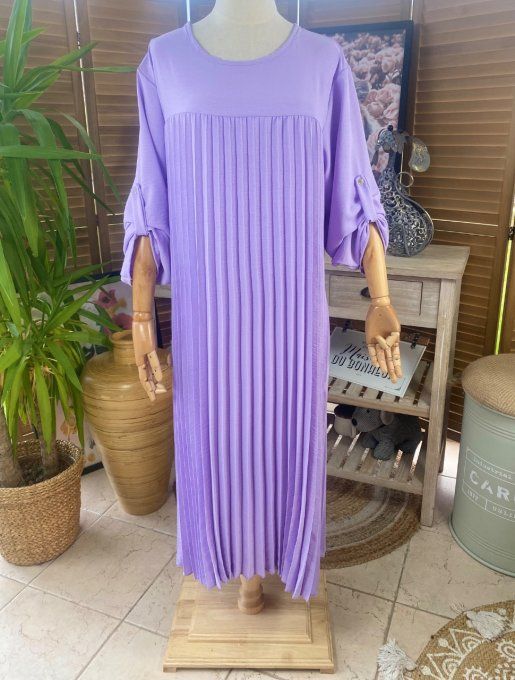 Robe ample longue plissée Lilas manches longues ajustables du 40 au 52 