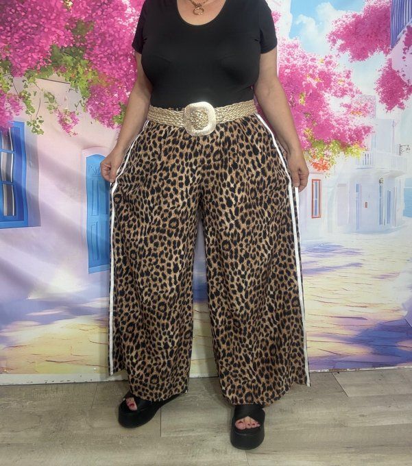 Pantalon Palazzo cuisses larges Léopard Camel taille élastiquée du 40 au 52