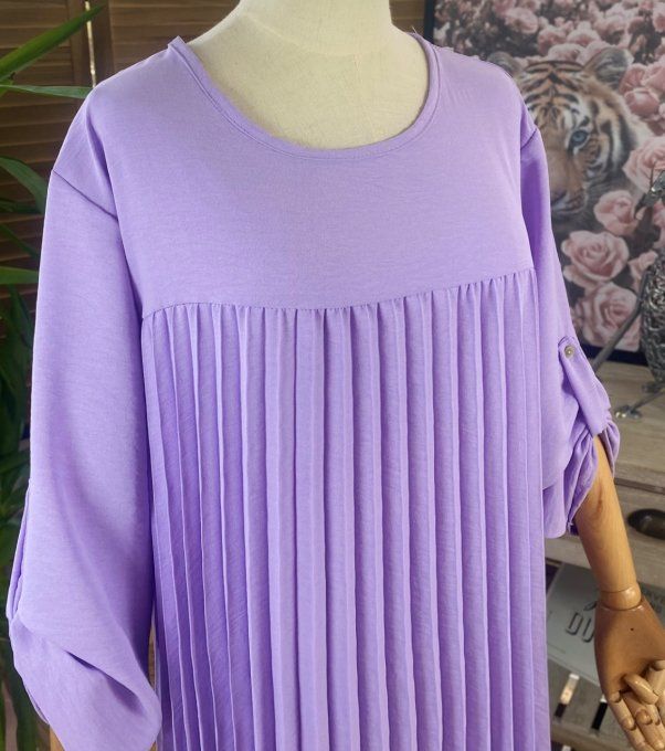 Robe ample longue plissée Lilas manches longues ajustables du 40 au 52 