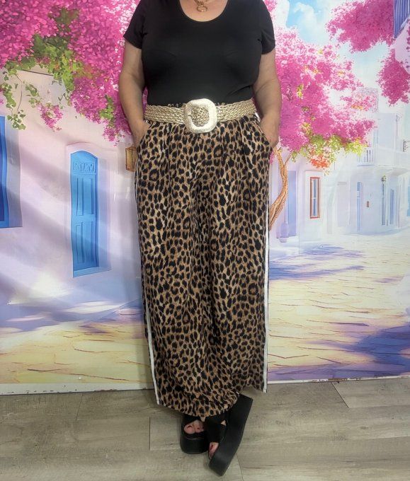 Pantalon Palazzo cuisses larges Léopard Camel taille élastiquée du 40 au 52