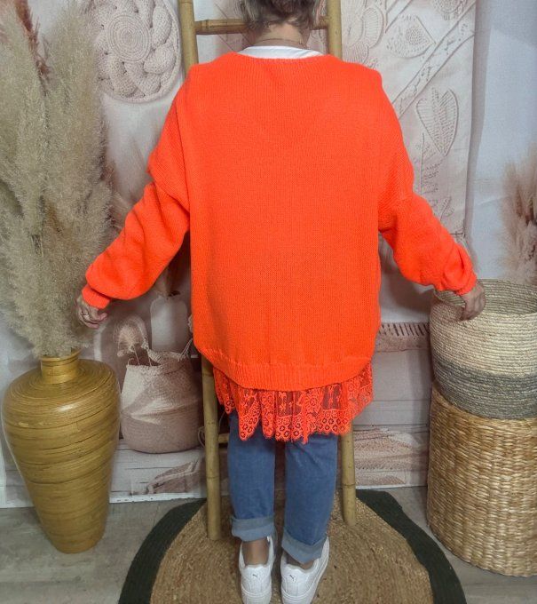 pull long ample orange vif col V et dentelle assortie douceur +++ du 40 au 52/54 