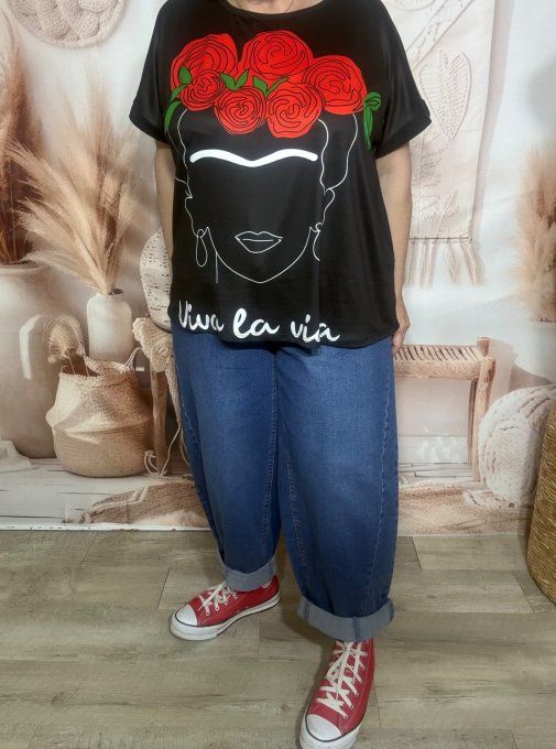 Tee-shirt ample noir manches courtes Frida Kahlo Viva la Vida du 40 au 50/52