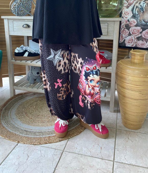 pantalon boule noir & léo Betty Boop Perles + Strass argentés  du 40 au 50/52 