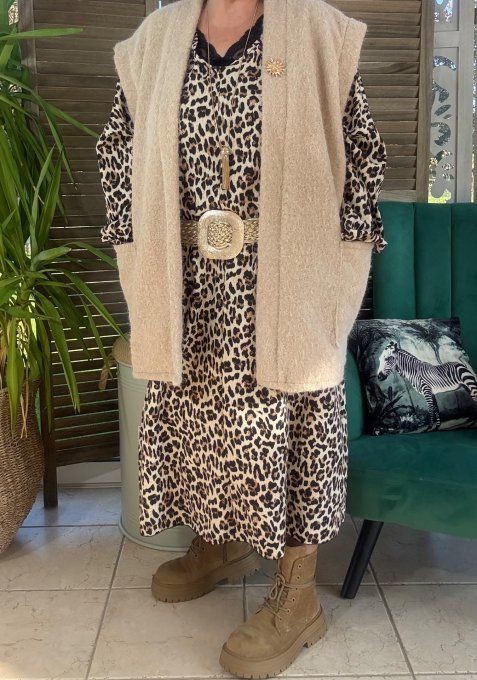 Robe longue oversize Léopard caramel beige noir du 42 au 52  