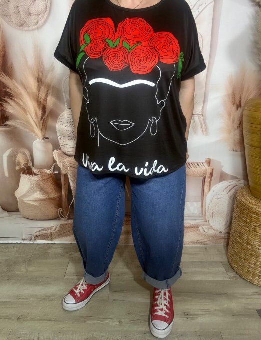 Tee-shirt ample noir manches courtes Frida Kahlo Viva la Vida du 40 au 50/52