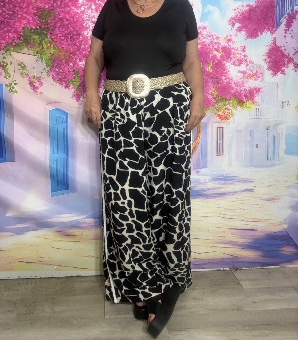 Pantalon Palazzo cuisses larges Girafe noir et blanc taille élastiquée du 40 au 52 