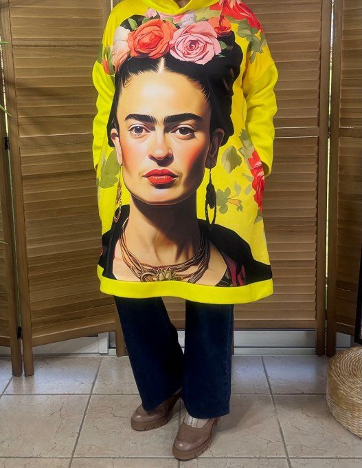 Sweat à capuche long ou robe sweat jaune Frida Kahlo du 40 au 52 